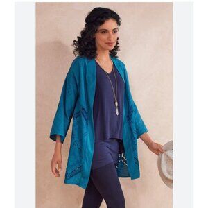 Soft Surroundings Nightingale Topper Womens Medium Blue Embroidered Open Front